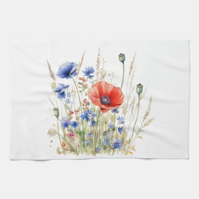 Paño De Cocina Poppies y Cornflowers: Acuarela Rustic Meadow (Horizontal)