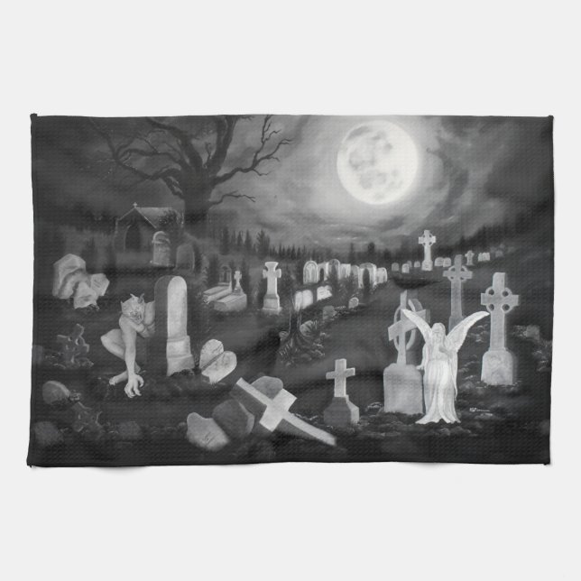 Paño De Cocina Por la noche en el cementerio - Ángel con el diabl (Horizontal)