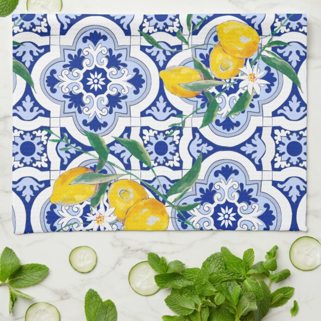 Paño De Cocina Portuguese tiles,lemons,fruits,summer art  (Doblado)