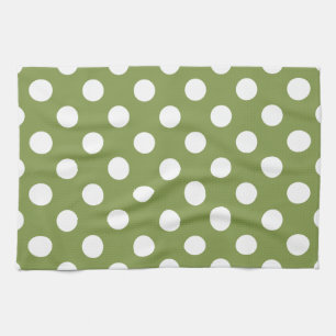 Paño De Cocina Pos de polka blanco sobre el verde oliva