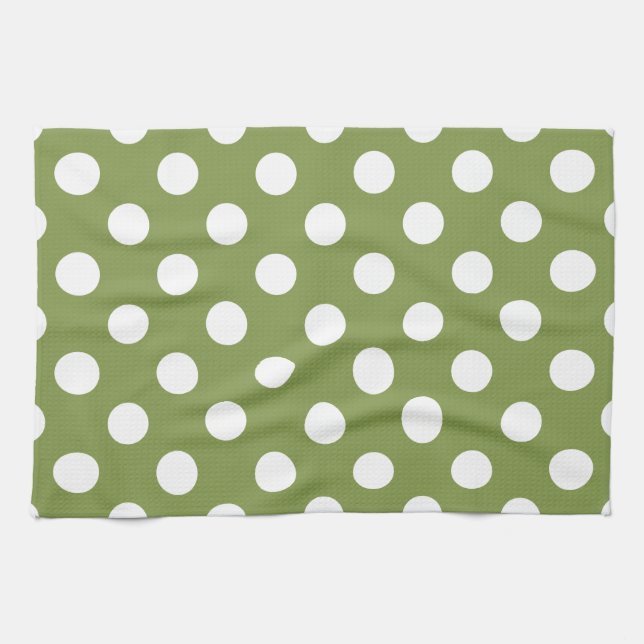 Paño De Cocina Pos de polka blanco sobre el verde oliva (Horizontal)