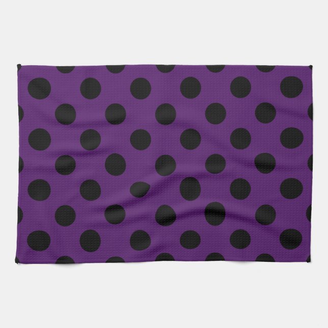 Paño De Cocina Pos de polka negro sobre púrpura de ciruela (Horizontal)