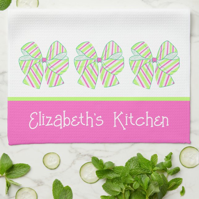 Paño De Cocina Pos rayados verdes y rosados preferidos personaliz (Doblado)