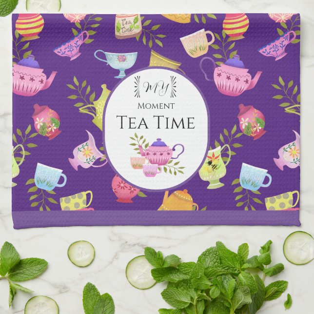 Paño De Cocina Potes de té y pepitas moradas (Doblado)