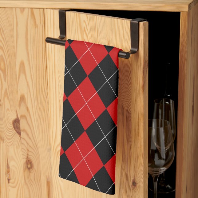 Paño De Cocina Preppy Argyle Tartán Diamond Plantado Rojo Negro (Pliegue de tercios)