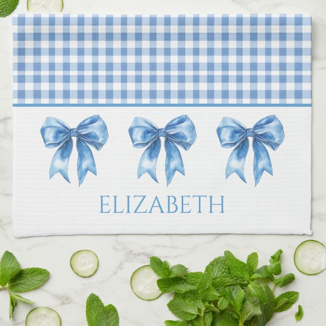 Paño De Cocina Preppy Blue y White Gingham y Bow (Doblado)