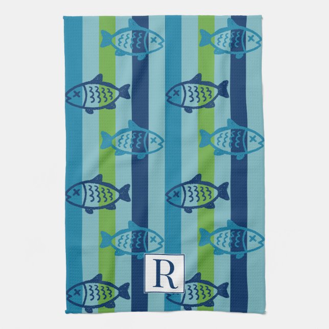 Paño De Cocina Preppy Coastal Fish Green Blue Stripe (Vertical)