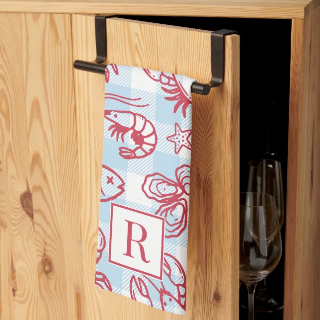 Paño De Cocina Preppy Coastal Seafood Gingham Kitchen Decor (Pliegue de tercios)