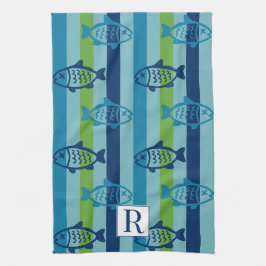Paño De Cocina Preppy Costero Pez Verde Azul Raya