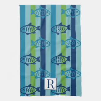Paño De Cocina Preppy Costero Pez Verde Azul Raya