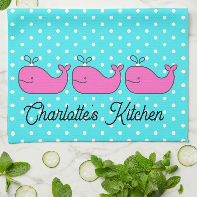Paño De Cocina Preppy Nautical Pink and Aqua Whales (Doblado)