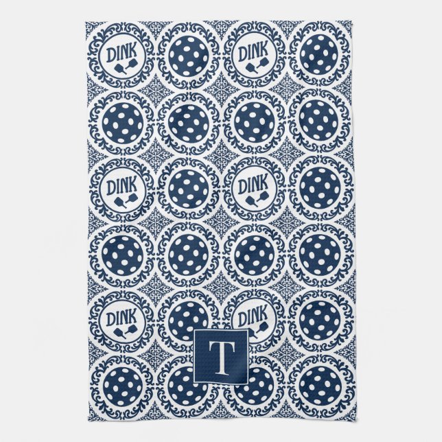 Paño De Cocina Preppy Pickleball Damask - Navy Dink Motif (Vertical)