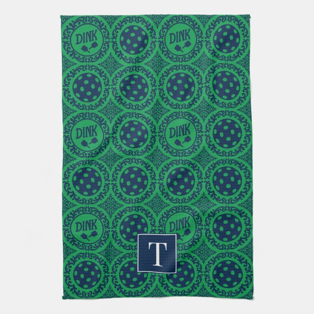 Paño De Cocina Preppy Pickleball Damask - Navy & Green Dink  (Vertical)