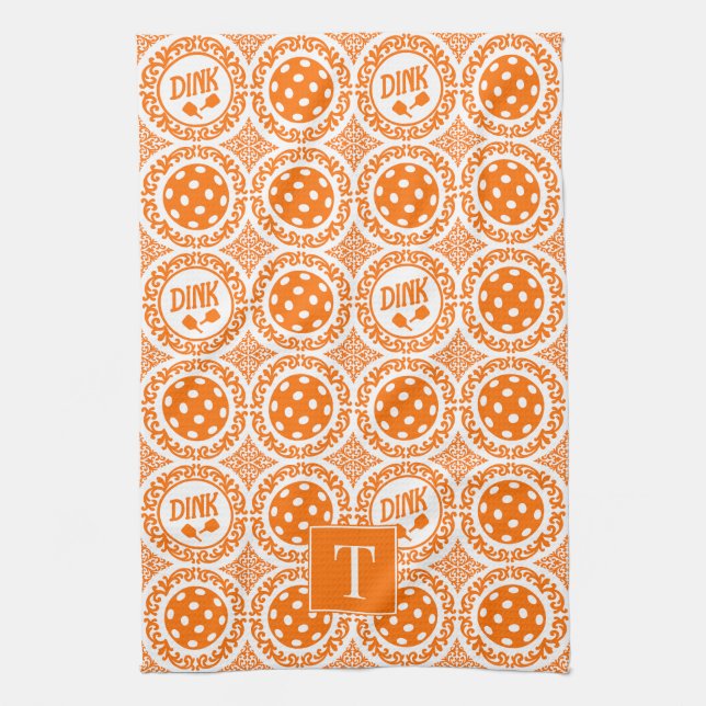 Paño De Cocina Preppy Pickleball Damask - Orange Dink Motif (Vertical)