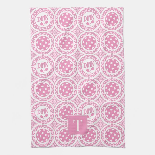 Paño De Cocina Preppy Pickleball Damask - Pink Dink Motif (Vertical)