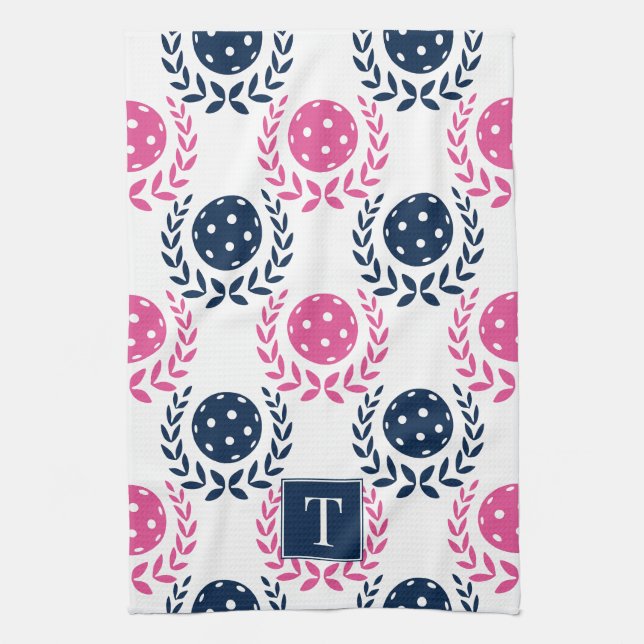 Paño De Cocina Preppy Pickleball Laurel Wreath - Navy & Hot Pink (Vertical)