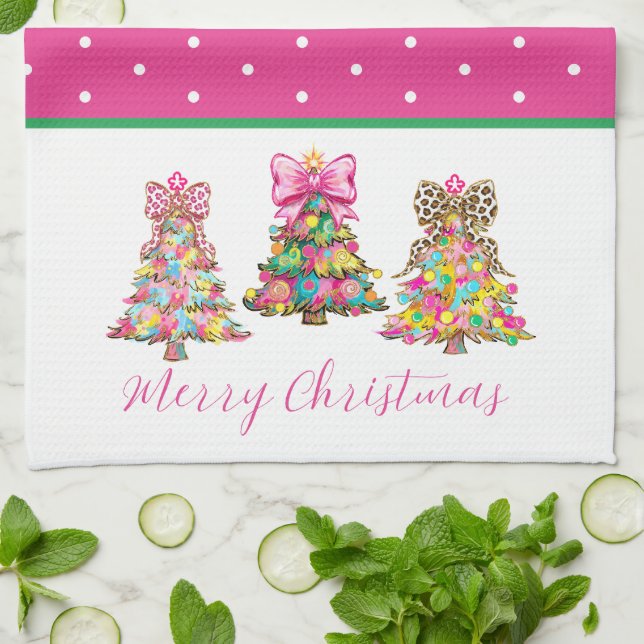 Paño De Cocina Preppy Pink and Green Christmas Trees (Doblado)
