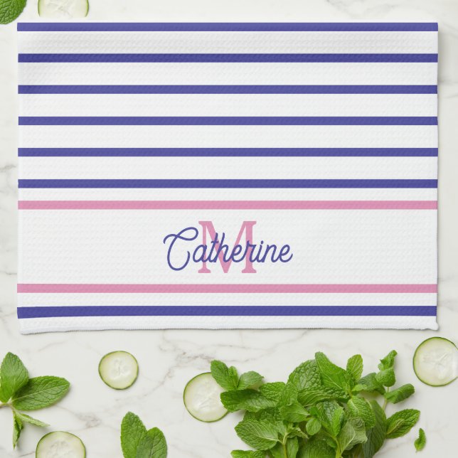 Paño De Cocina Preppy Pink and Navy Blue Stripe Simple Monogram (Doblado)