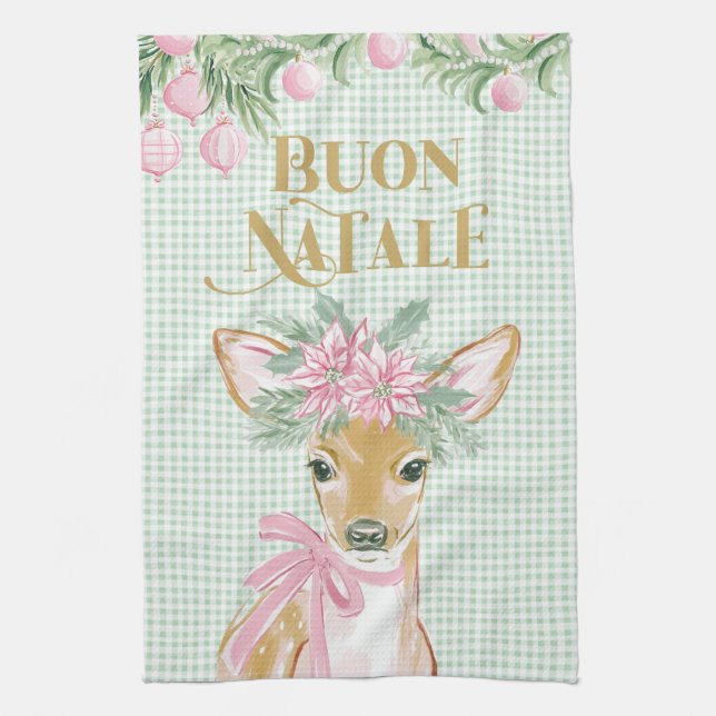 Paño De Cocina Preppy Pink Deer & Green Gingham Buon Natale (Vertical)