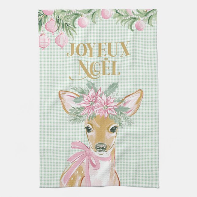 Paño De Cocina Preppy Pink Deer & Green Gingham Joyeux Noël (Vertical)