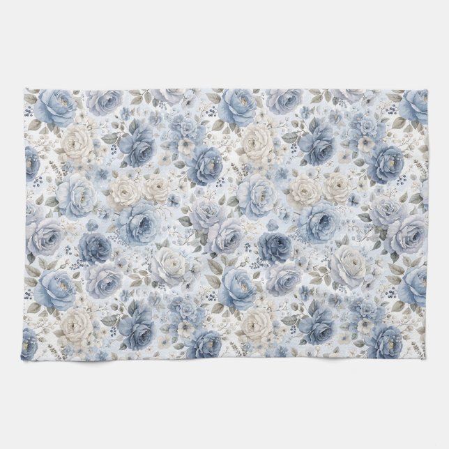 Paño De Cocina Pretty Blue Rose Floral Watercolor  (Horizontal)