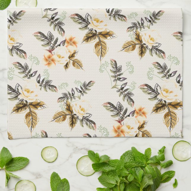 Paño De Cocina Pretty Brown Floral Fall Winter Foliage  (Doblado)