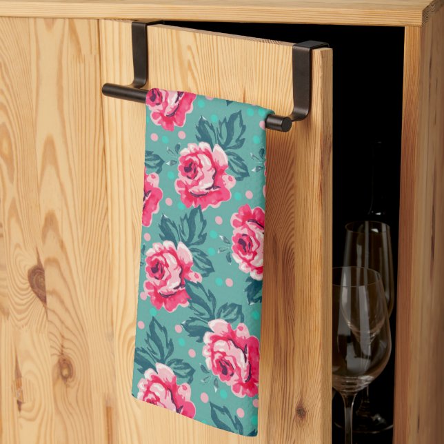 Paño De Cocina Pretty Pink Roses and Polka Dot Pattern on Teal (Pliegue de tercios)