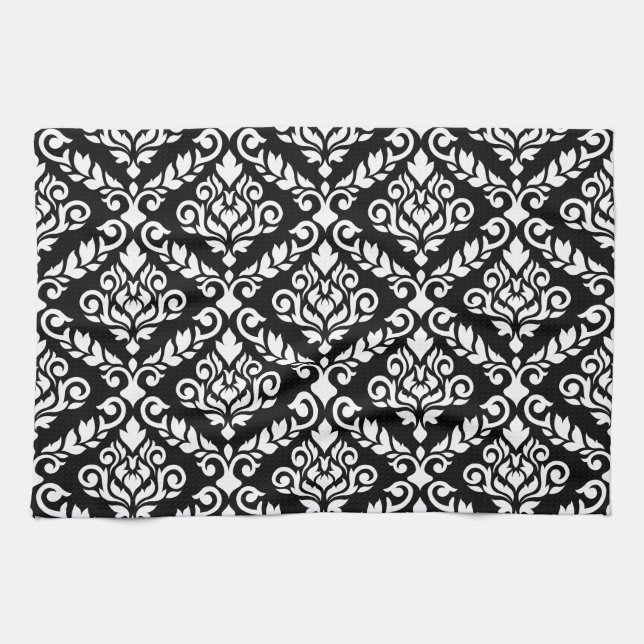 Paño De Cocina Prima Damask Big Ptn White sobre negro (Horizontal)