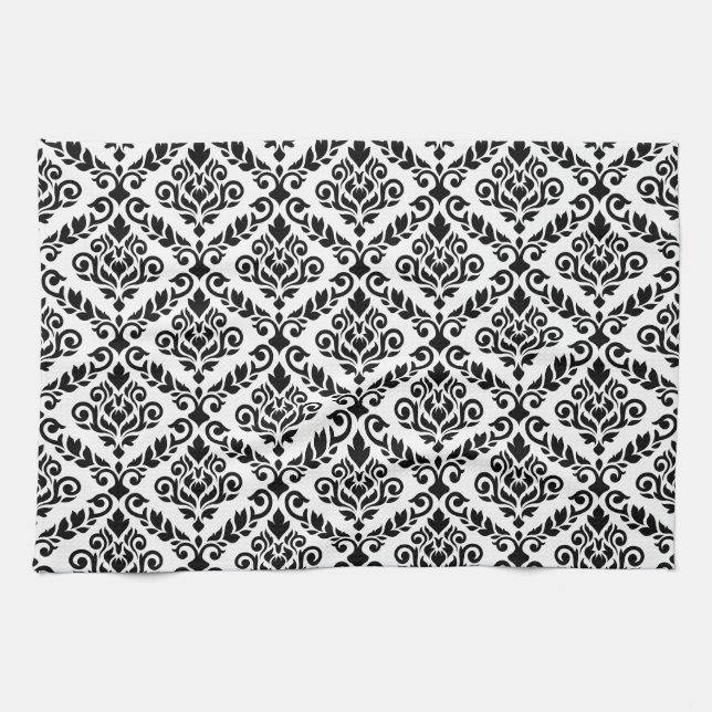 Paño De Cocina Prima Damask Pattern Black on White (Horizontal)
