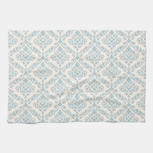 Paño De Cocina Prima Damask Pattern Blue en crema