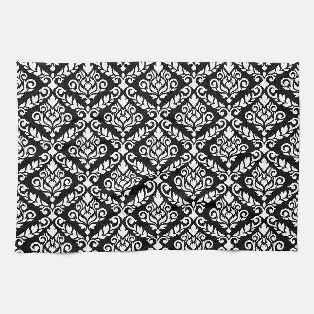 Paño De Cocina Prima Damask Pattern White en negro (Horizontal)