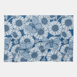 Paño De Cocina Primavera azul, flores silvestres, margaritas