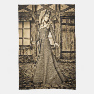 Paño De Cocina Princesa Medieval Sepia Arte Renacentista
