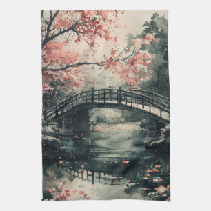 Paño De Cocina Puente de Flor de Cerezo Sumi-E Paisaje (1)