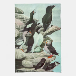 Paño De Cocina Pufins vintage y aves acuáticas de Louis Fuertes