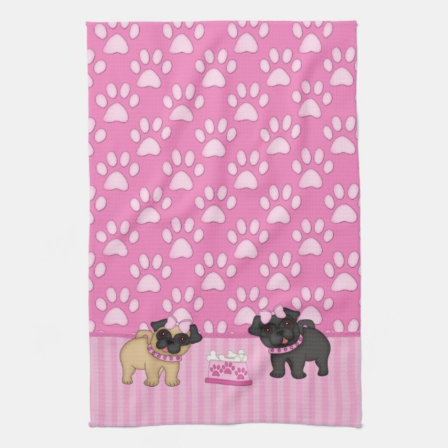Paño De Cocina Pug Cuties Tiras y Rutas Rosadas (Vertical)