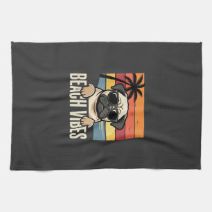 Paño De Cocina Pug de Perro Vibraciones de la Playa Puesta del So