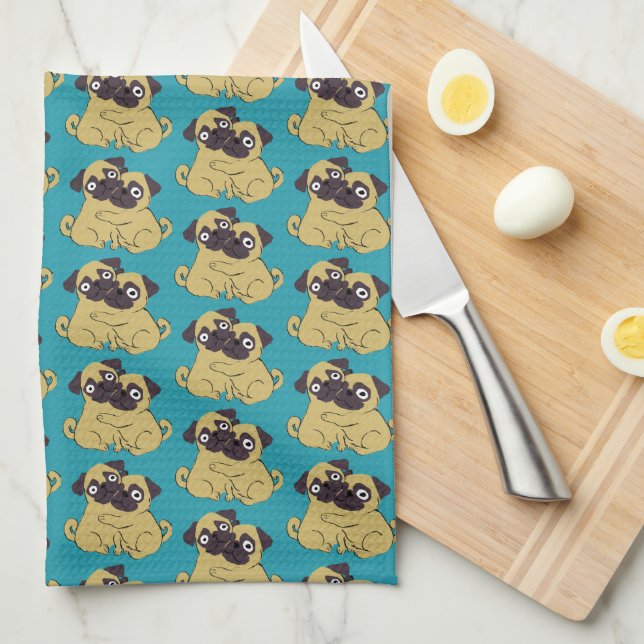 Paño De Cocina Pug hug Blue, (Doblado Cuarto)