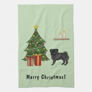 Paño De Cocina Pug negro, perro de dibujos animados lindo con un