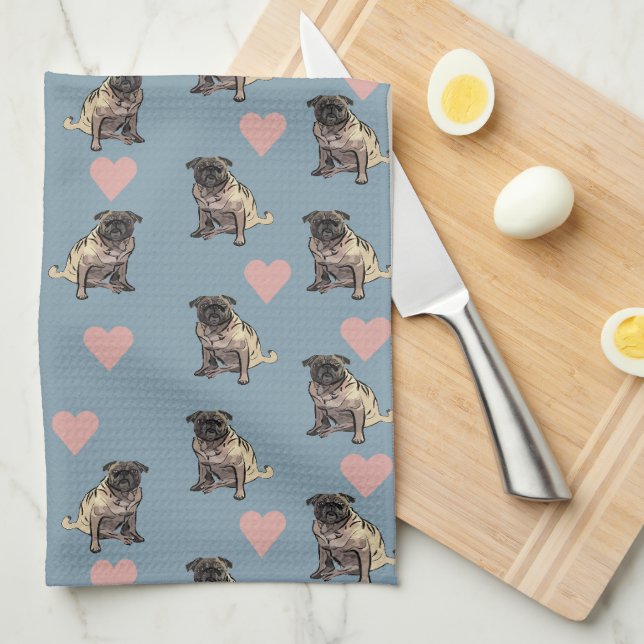 Paño De Cocina Pugs y corazones (Doblado Cuarto)