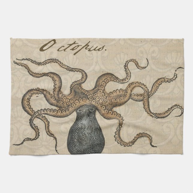 Paño De Cocina Pulpo Kraken Antiguo Marino Vida Silvestre Costera (Horizontal)