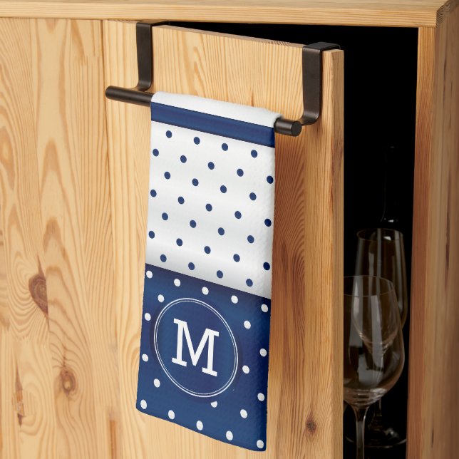 Paño De Cocina Punto de polka azul y blanco de la Marina Monogram (Pliegue de tercios)