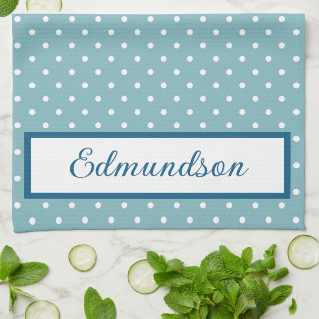 Paño De Cocina Punto de polka azul y blanco personalizado (Doblado)