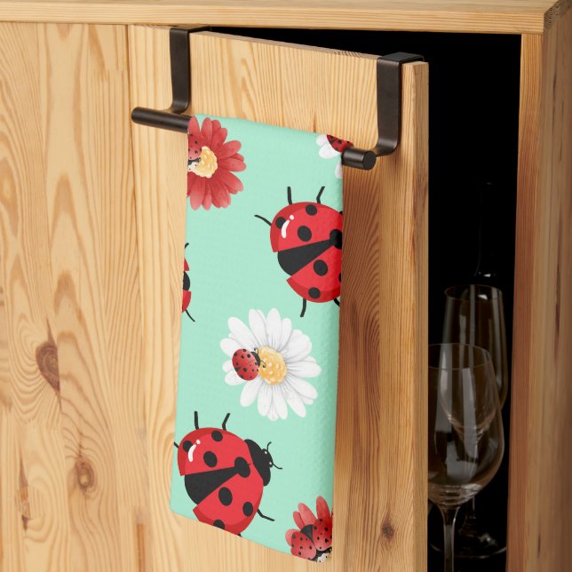 Paño De Cocina Punto de polka rojo lindo Ladybug flor verano Girl (Pliegue de tercios)