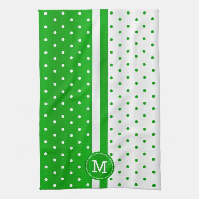 Paño De Cocina Punto de polka verde y blanco monograma (Vertical)
