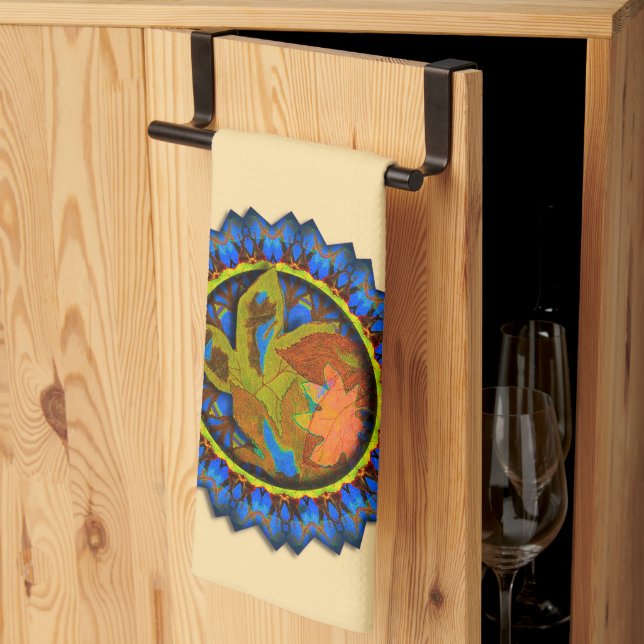 Paño De Cocina Puntos azules en círculo hojas de otoño (Pliegue de tercios)