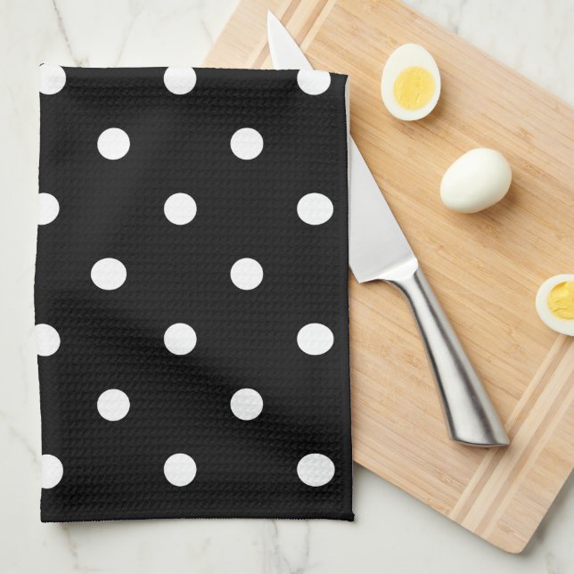 Paño De Cocina Puntos Blancos Retro Sobre Negro (Doblado Cuarto)
