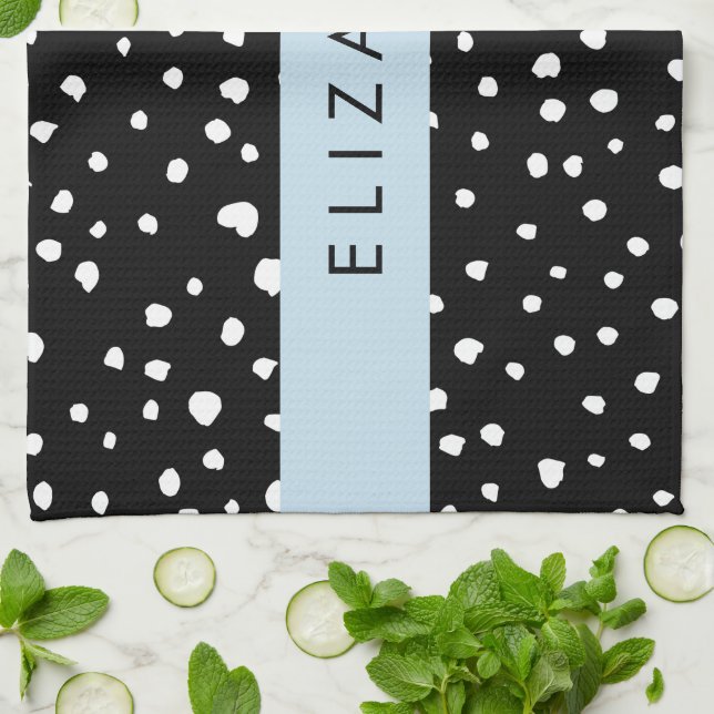 Paño De Cocina Puntos dálmatas, puntos, negro y blanco, tu nombre (Doblado)
