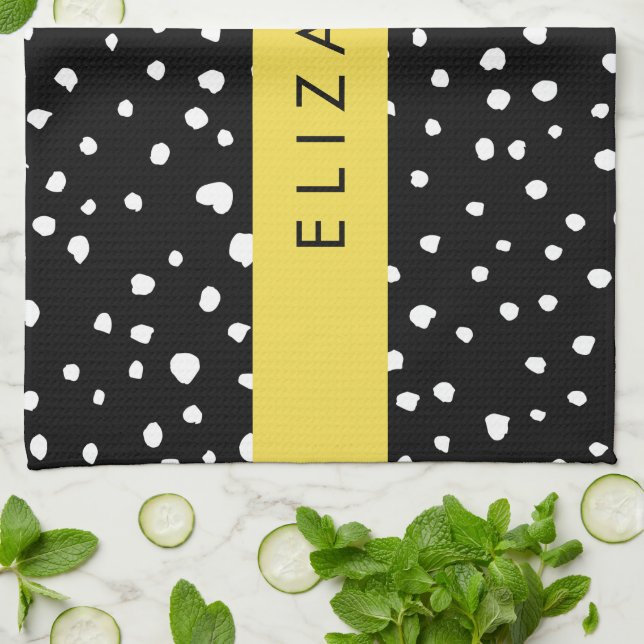Paño De Cocina Puntos dálmatas, puntos, negro y blanco, tu nombre (Doblado)