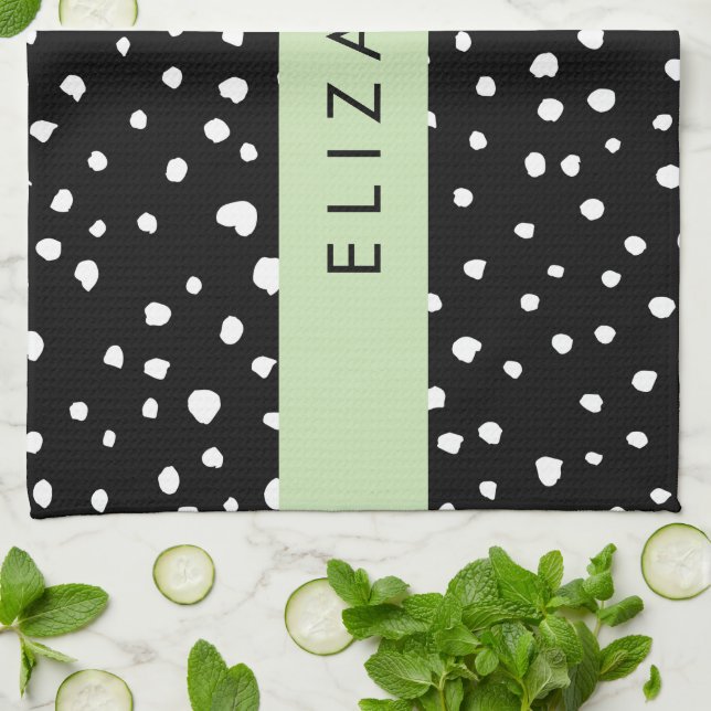 Paño De Cocina Puntos dálmatas, puntos, negro y blanco, tu nombre (Doblado)
